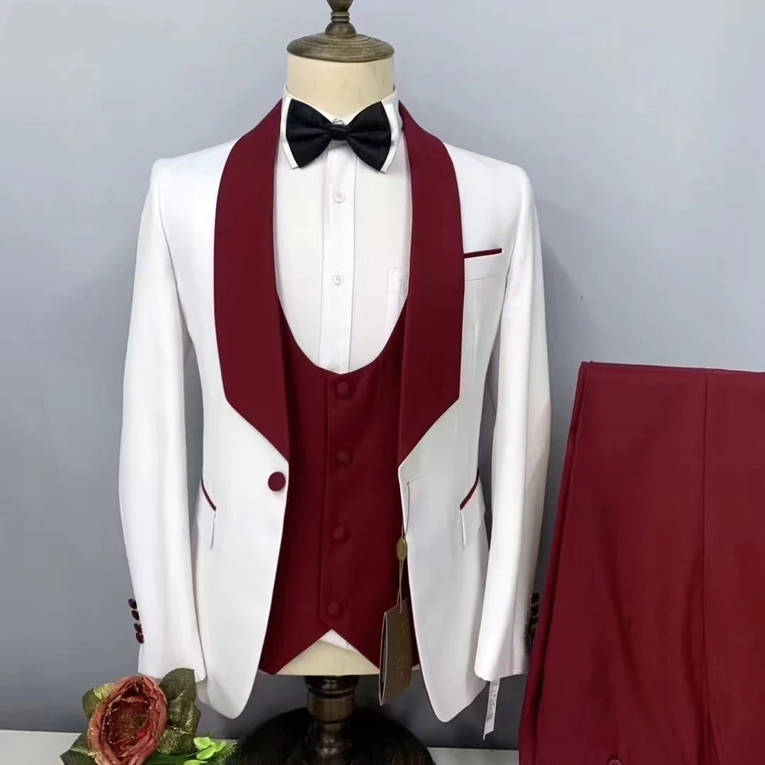 Men Suit White Wedding Blazer Royal Blue Shawl Lapel Single Breasted Jacket Pants Vest Three Piece Costume Homme Slim Fit 2024