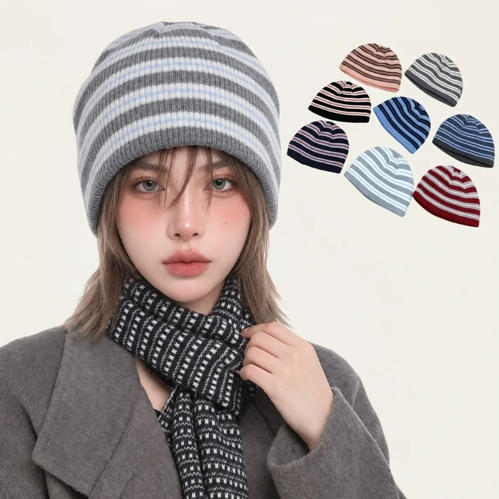 Brimless Wool Blend Striped Beanie Hat Color Blocked Thick Ribbed Knitted Cap Soft Korean Style Warm Pullover Hat Autumn Winter
