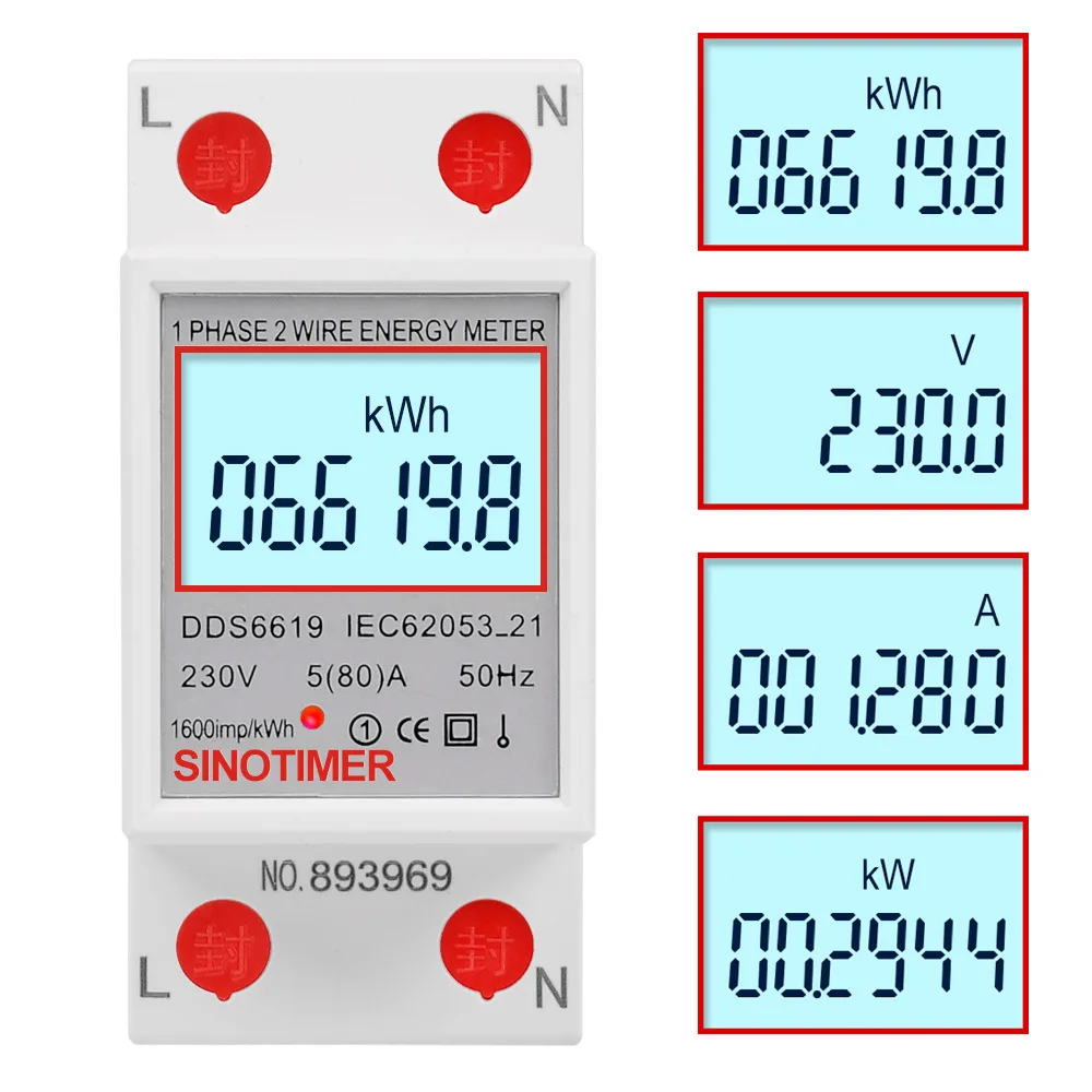 

Digital Energy Electric Meter DDS6619-008 1 Phase 2 Wire Wattmeter Power Consumption LCD Backlight Display KWh AC 230V 50Hz