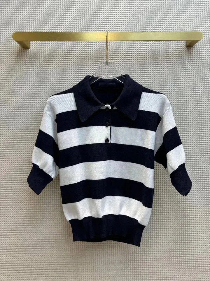 2024 New Fashion Summer Black White Stripes Pattern Knitted T-shirt Women Lapel Short Sleeve Casual Tops