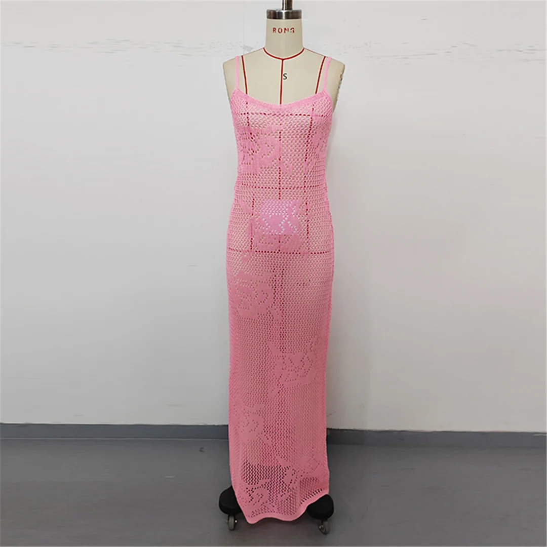 Ausgehöhlte, ärmellose, gehäkelte Tunika, Strand-Überwurf, langes Strandkleid, Strandmode, Damen V6843 – Detail 18