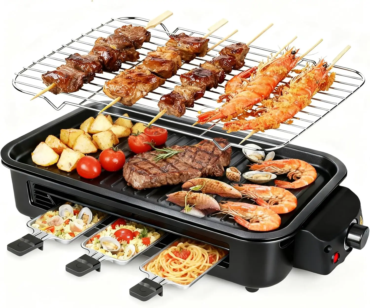 

1700W Smokeless Indoor Grill 2-in-1 with Griddle & Grill Mesh, Adjustable Temp Control, Non-Stick Removable Plate, 3 Cheese Pans Included