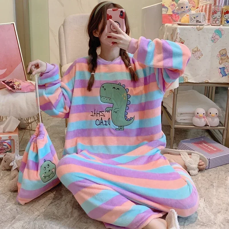 2023 Winter Long Sleeve Thick Warm Flannel Nightgown For Women Cute Cartoon Coral Velvet Sleepwear Night Dress Nightdress nighty