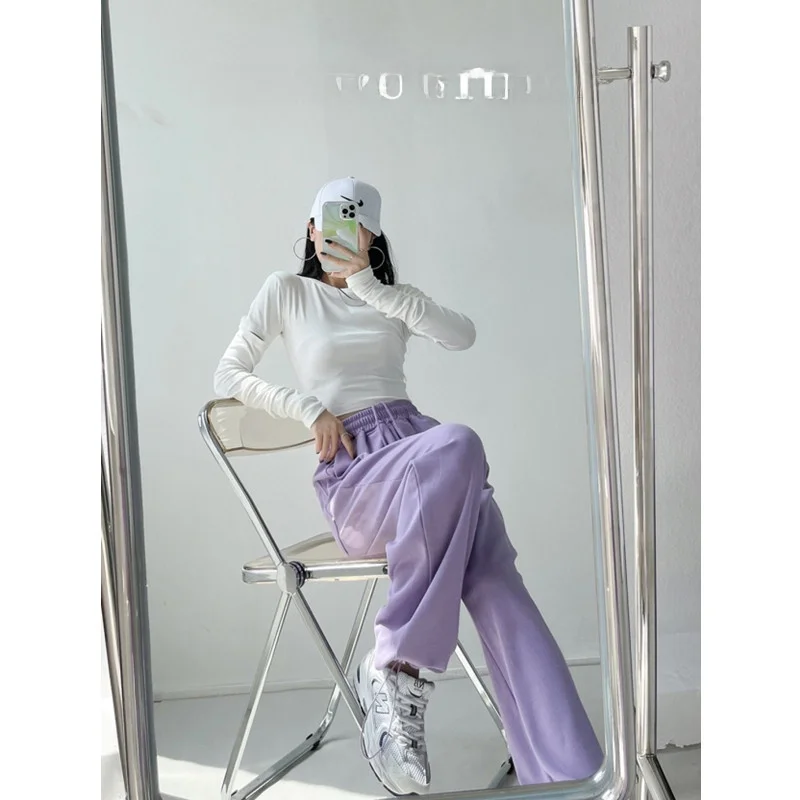 

Summer Thin Purple Loose Women's Sports Pants Drawstring Slimming Cuffed Casual Straight Leg Sweatpants Blogging Style