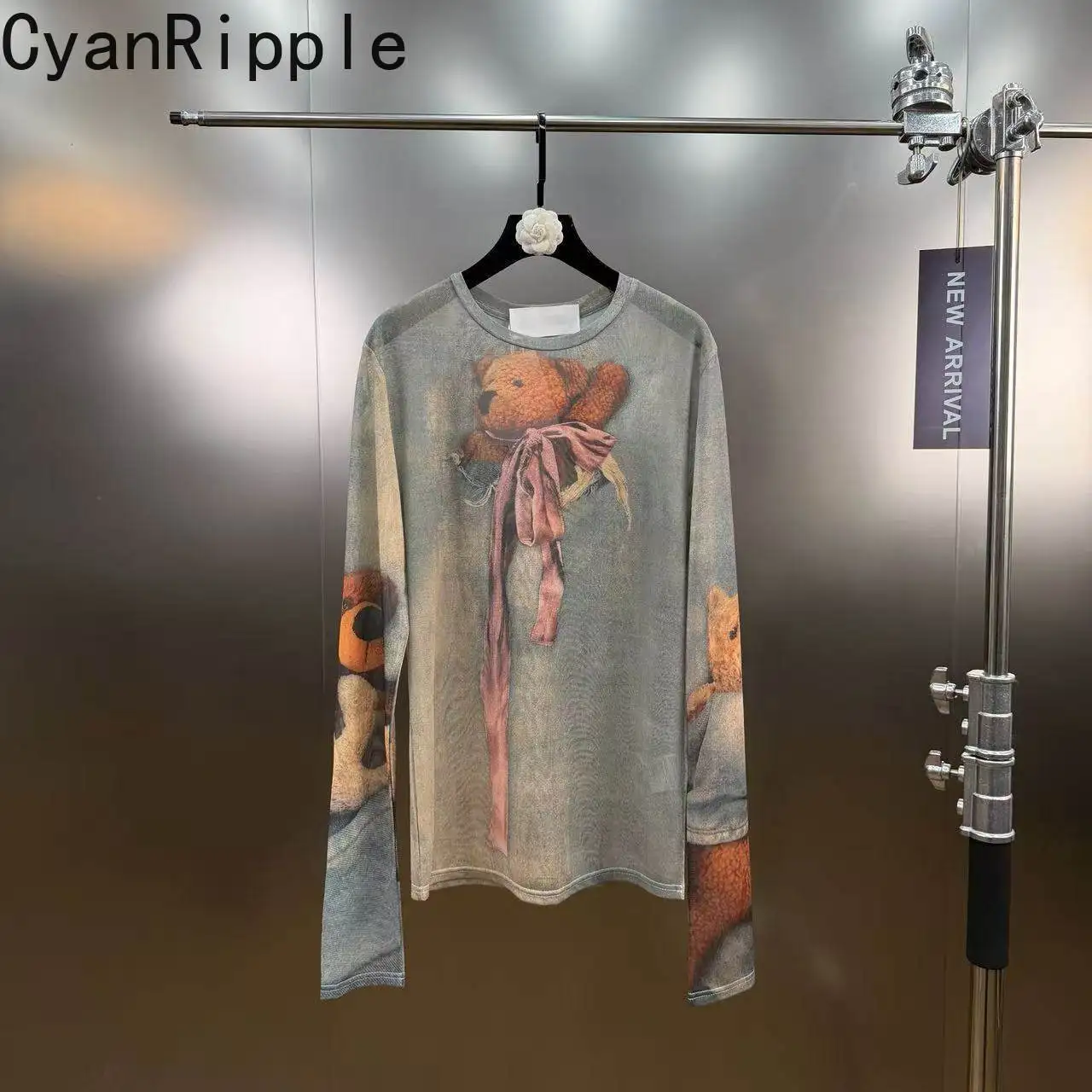 Original New Spring Summer Long Sleeve T-shirt Bear Printed Mesh Sun Protection Shirt Round Neck Slimming Women Pullover Top