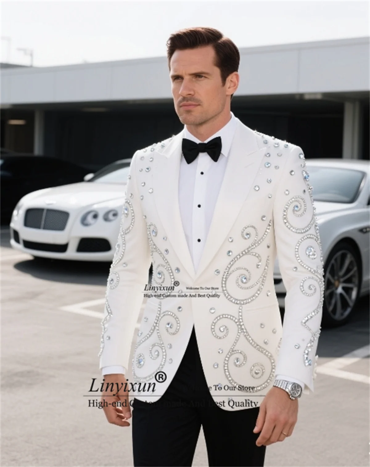 

High End Beaded Diamond Men Suit Customized Wedding Groom Tuxedos 2 Piece Sets trajes para hombre Peaked Lapel Male Prom Bl