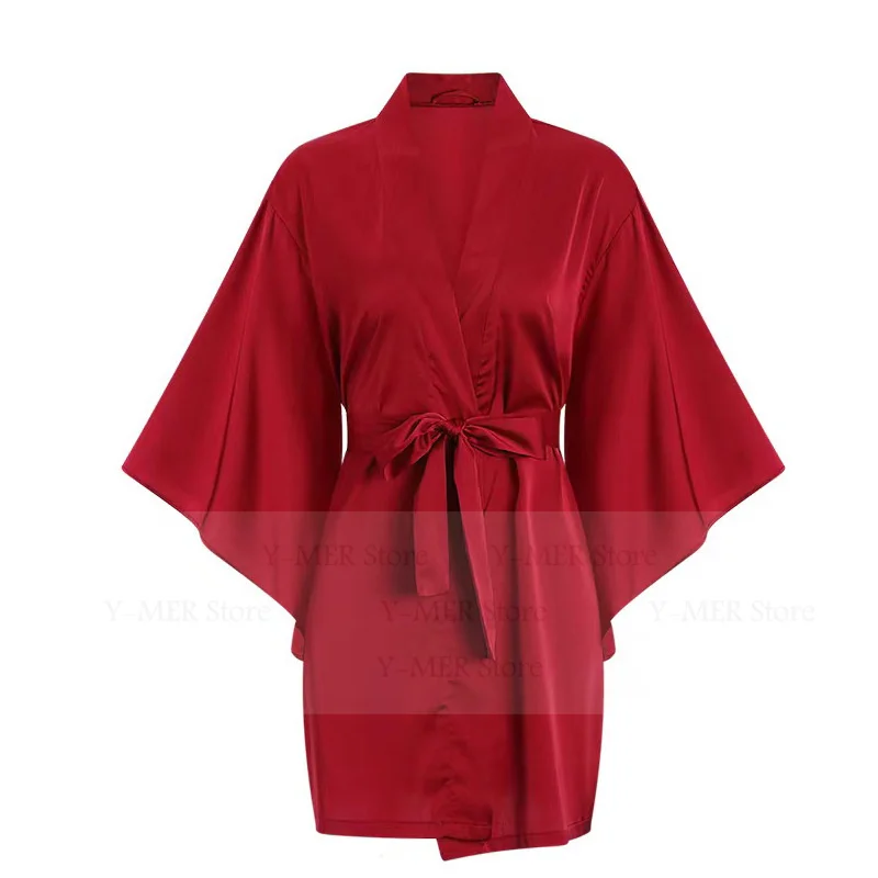 Solid Color Kimono Gown Satin Sleepwear Sexy Lingerie Sleepwear Big Sleeve Robe Short Nightgown Ice Silk Vestidos De Novia