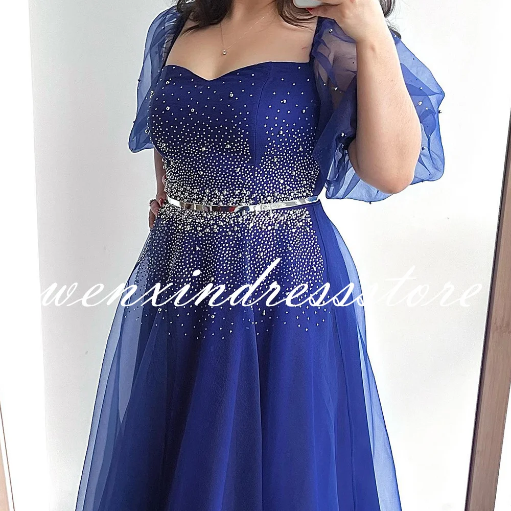 Classic A-Line Blue Tea Length Evening Dress Elegant Square Neck Tulle Short Sleeves Pleats Beading Crystal Saudi Arabia Women