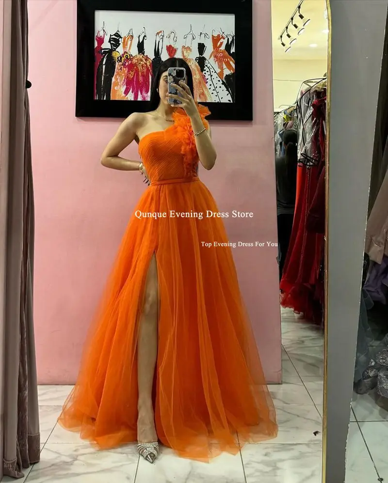 Qunque Customized Orange Prom Dresses One Shoulder Tulle Pleat Ruffles Party Gowns Sexy Leg Slit A-line Abendkleid Formal Gowns