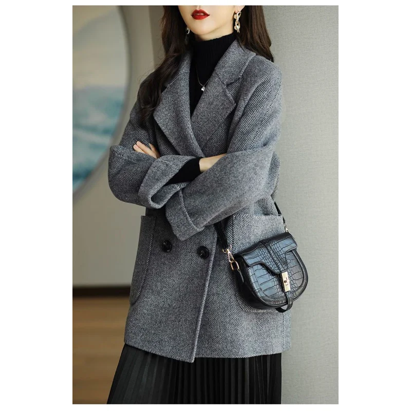 เสื้อแจ็คเก็ตขนสัตว์ทรงหลวมลายก้างปลาแฟชั่นใหม่สำหรับฤดูใบไม้ผลิและฤดูใบไม้ร่วงสำหรับผู้หญิง