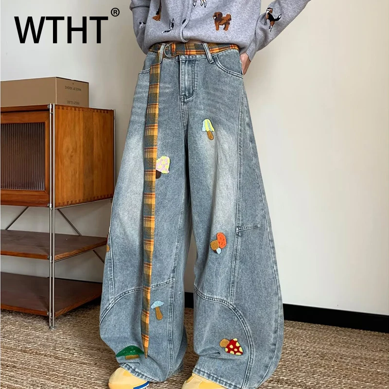 

WTHT модные мужские джинсовые брюки с мультяшным принтом и вышивкой, винтажные новые широкие джинсы с высокой талией, мужские, зима 2021, 2A2575