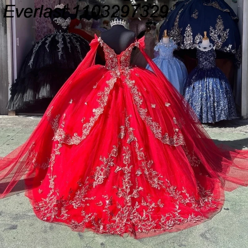 EVLAST-Vestido Quinceanera Vermelho com Espartilho Capa, Applique de Renda Prateada, Vestido de Baile, Sweet 16, 16, TQD168, 2024