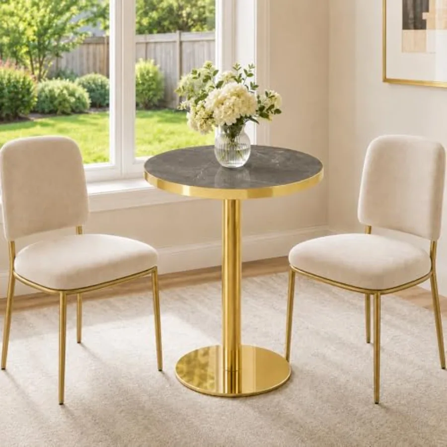 23.6 Small Round Dining Table for 2, Circle Tulip Table, Faux Marble Top with Gold Metal Pedestal Base, Modern Leisure Coffee T