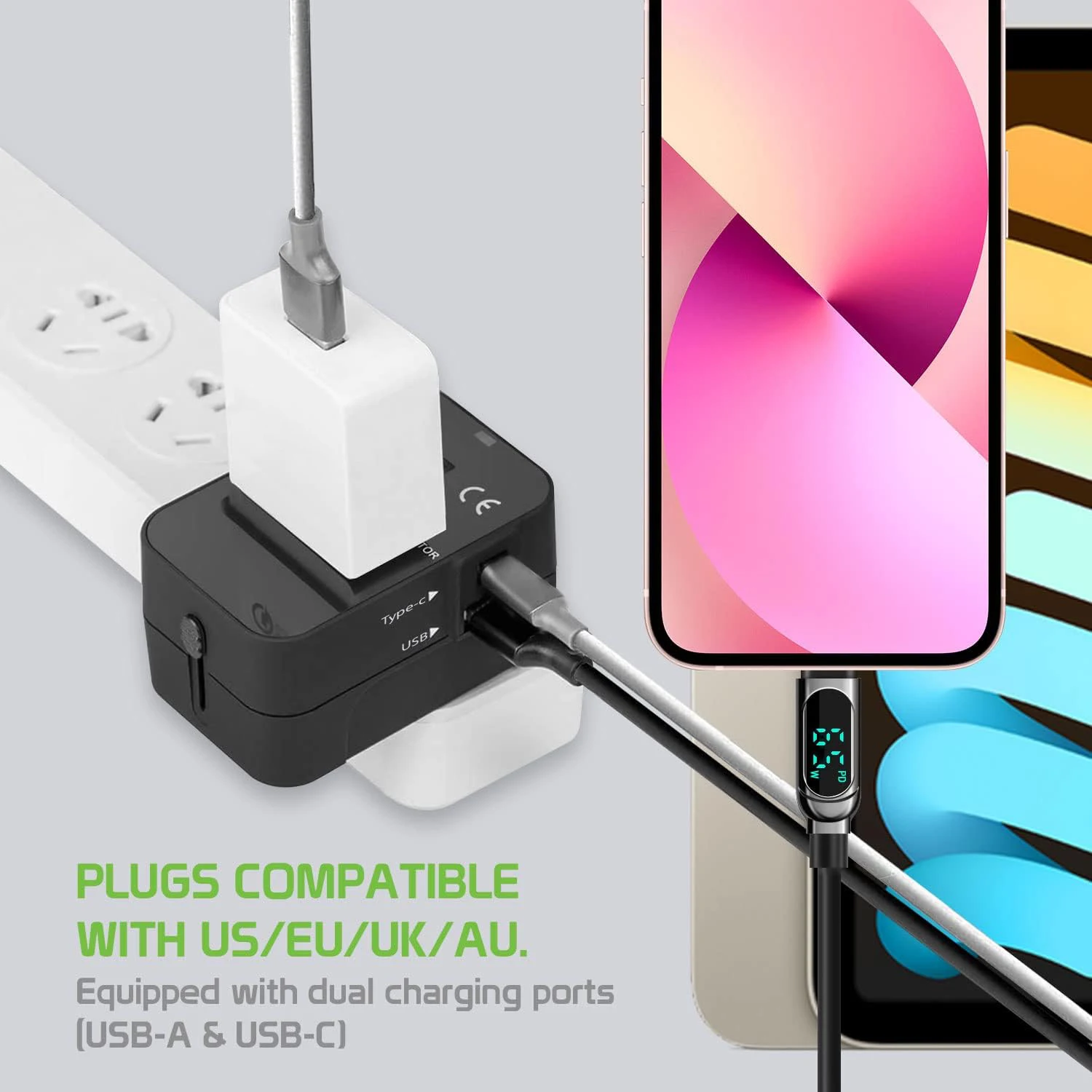 All-in-One Universal Travel Adapter, USB C USB A International Power Plug Surge Protector for Phones Laptops USA EU UK AU
