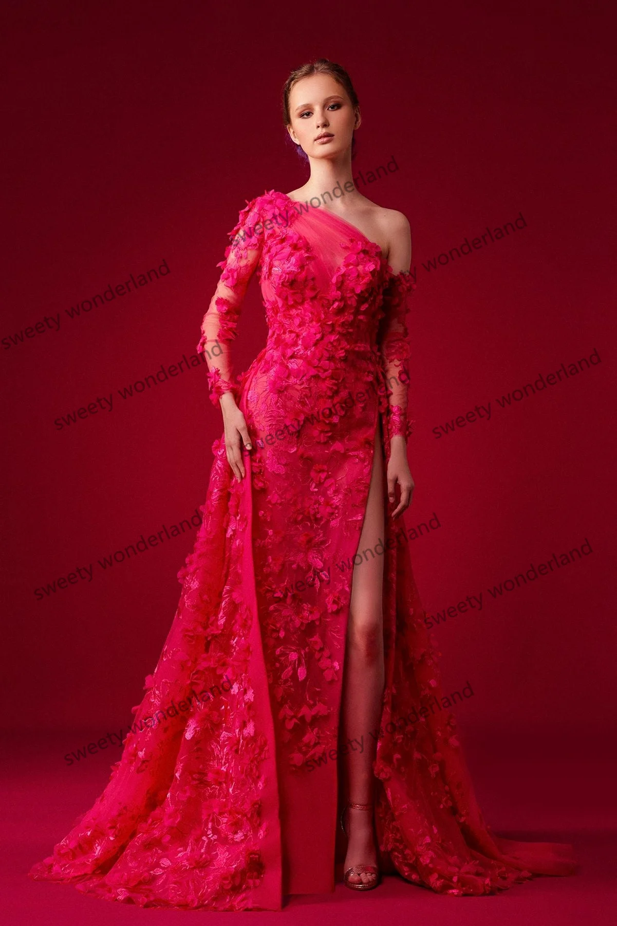 Red One Shoulder Prom Dresses with Floral Appliques Side Slit Tulle Evening Gown Party Dress Elegant vestido de novia