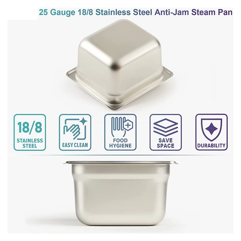 6 Pack Anti-Jam Slotted Hotel Pans With Lids, 1/6 Size 4 Inch Deep, Commercial 18/8 Stainless Steel Steam Table Food Pan