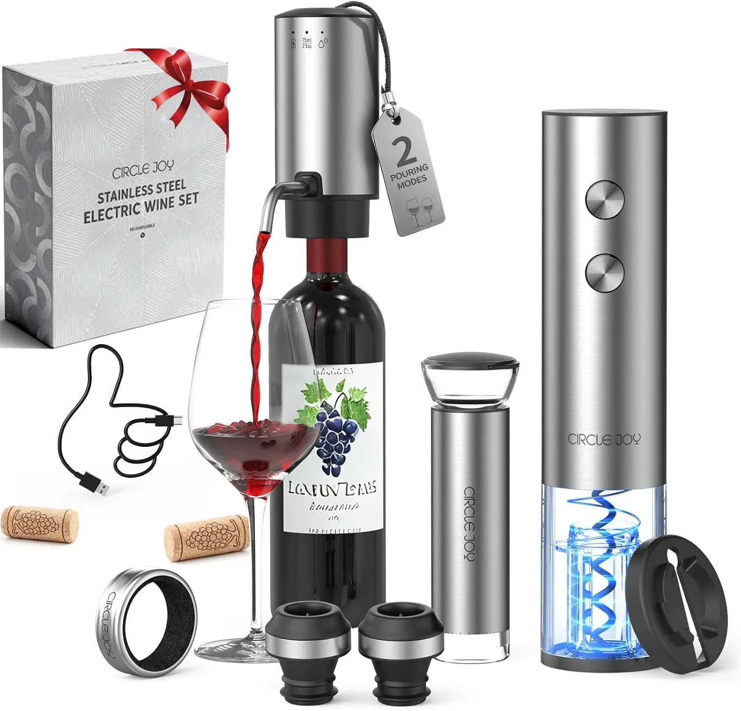 

Rechargeable Electric Wine Opener Set 8-in-1 Stainless Steel Automatic Wine Bottle Opener Gift Set w/Electric Wine Aerator