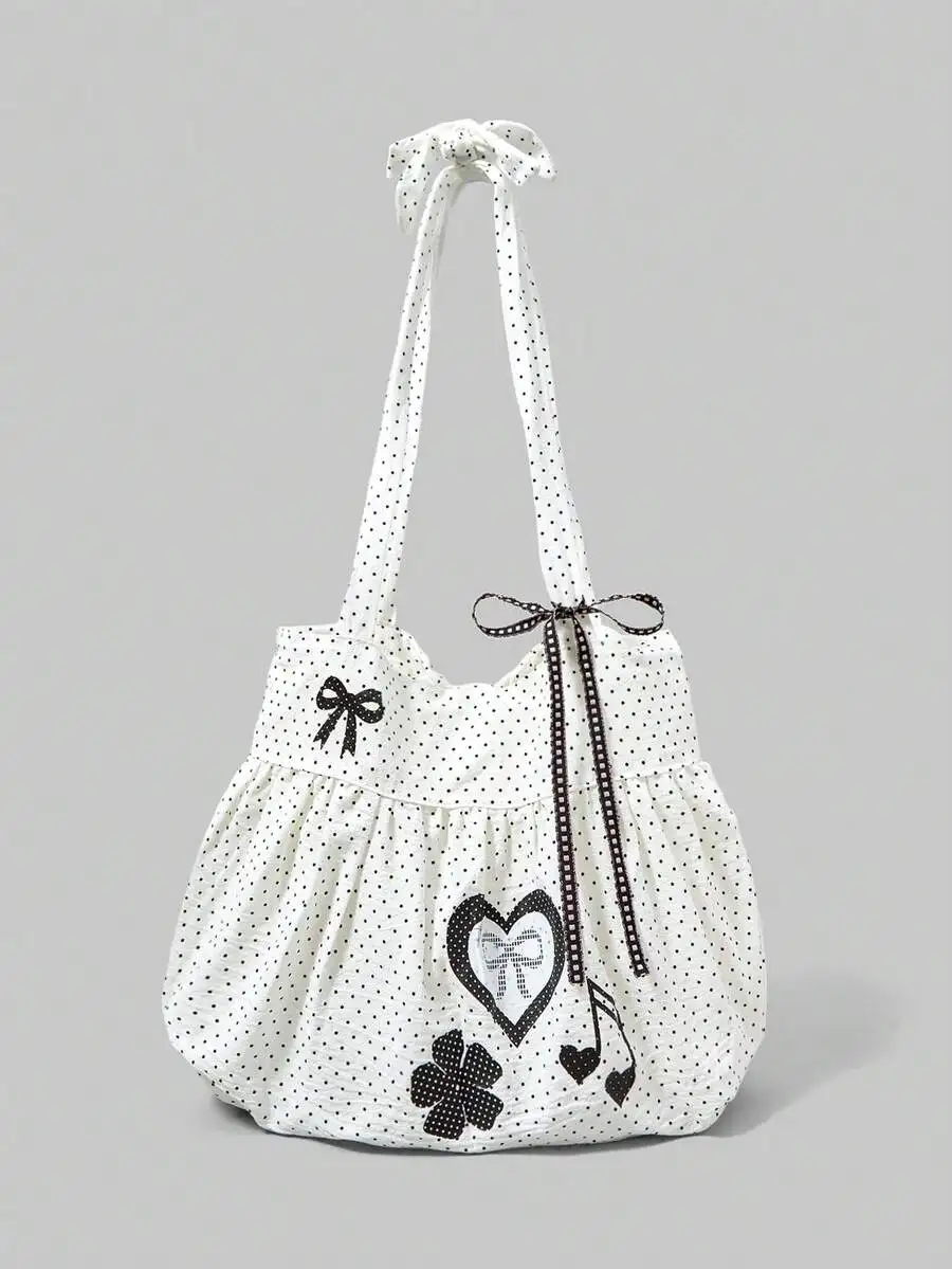 

White Polka Dot Bow Heart Music Note Tote Bag with Ruffle Detail