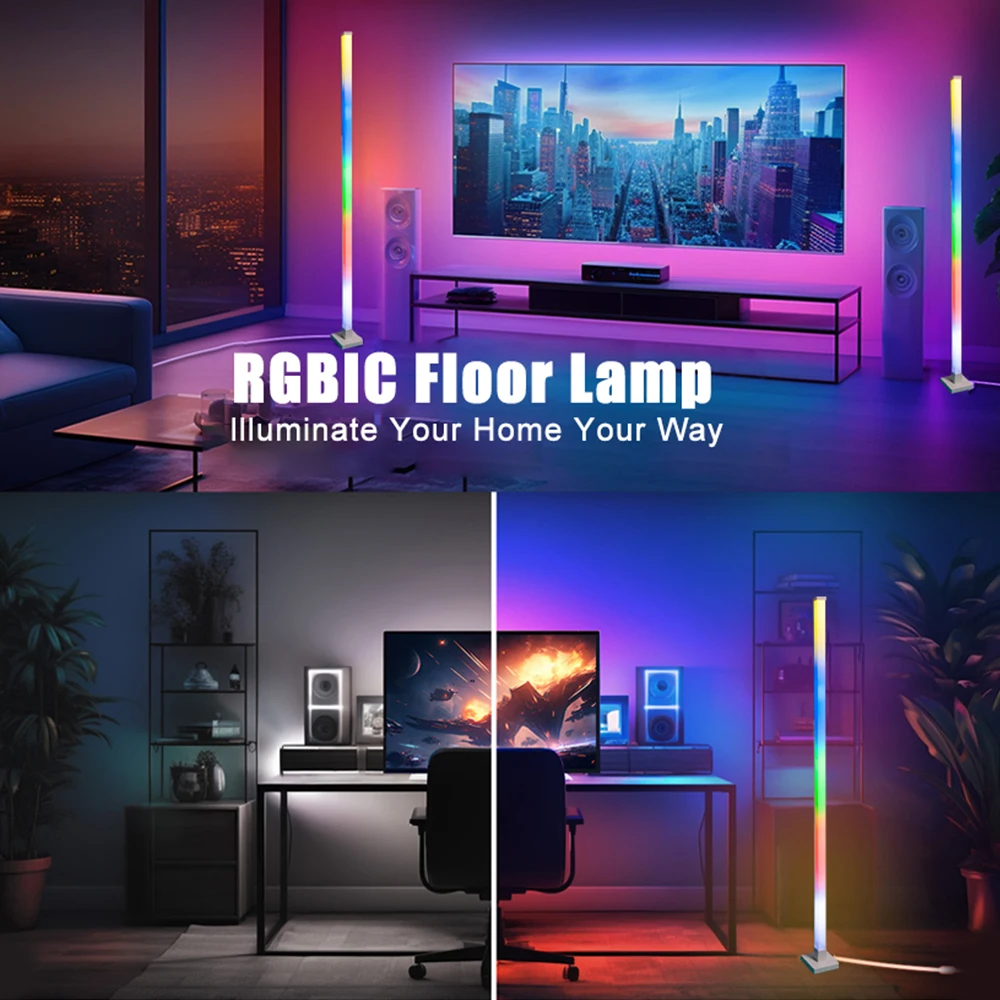 Wiscolor Lampu Lantai LED RGBIC Lampu Sudut Modern, dengan Sinkronisasi Musik, Mendukung Alexa/Google Home, untuk Dekorasi Ruang Bermain & Ruang Tamu