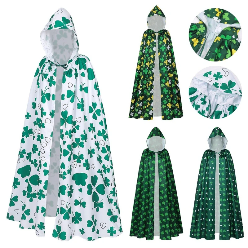 2026 Green Four-Leaf Print Irish Festival Hooded Cloak for Men, St. Patrick's Day Party/Carnival Hooded Cape, One Size Fits All