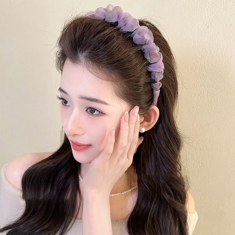 【A-Beautiful 】Iridescent Gradient Ruffled Mesh Wave Headband - Ethereal Summer Hairband With Anti-Slip Teeth & High Crown Effect
