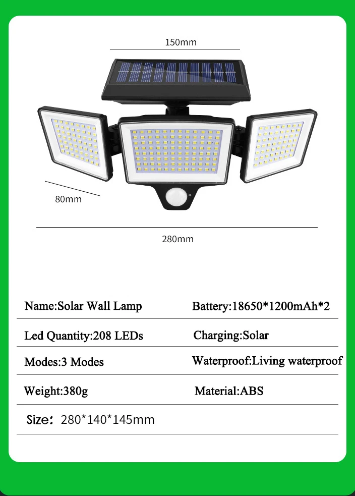 208 LED Solar-Wandleuchte mit 3 Modi, wasserdicht, mit Bewegungssensor, Solarlampe für Garten, Straße, Sicherheitsbeleuchtung – Detail 3