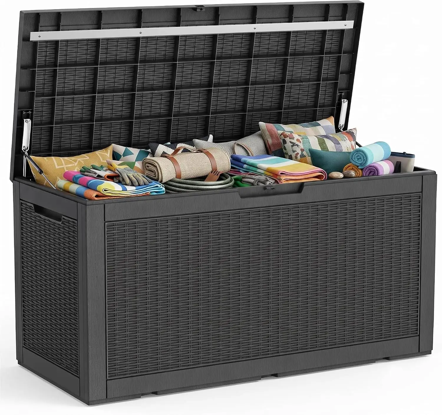 Outdoor Storage Box Waterproof Resin Deck Container, Patio Cushion Organizer Chest For Yard And Garden, Lockable Heavy Duty Seating Bench Holder, Modern Style, Black, Single Piece