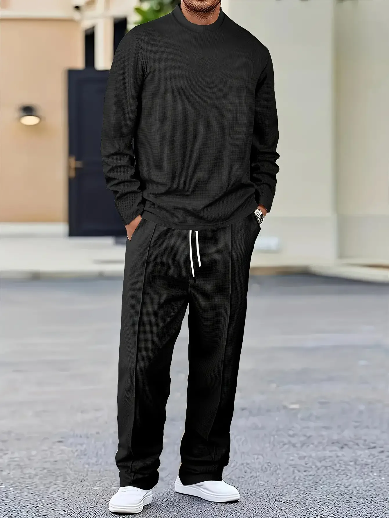 

Men's 2-piece solid color waffle plaid casual suit top long sleeved round neck long sleeved pullover sweatshirt and solid color