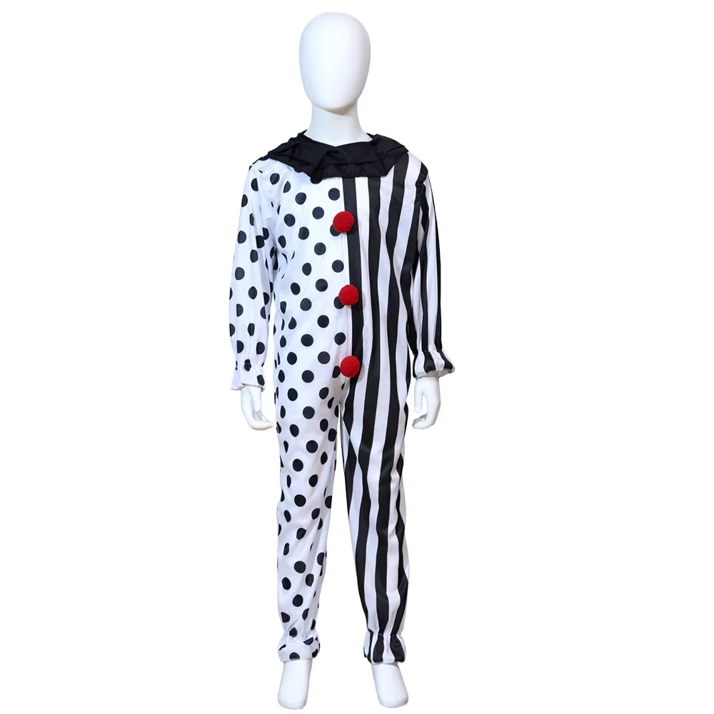 Halloween-Kostüm für Erwachsene: Horror-Clown-Overall, schwarz-weiß, mit Punkten und Streifen, Patchwork-Design, Clown-Kostüm, Cosplay-Outfit für Partys. – Detail 6