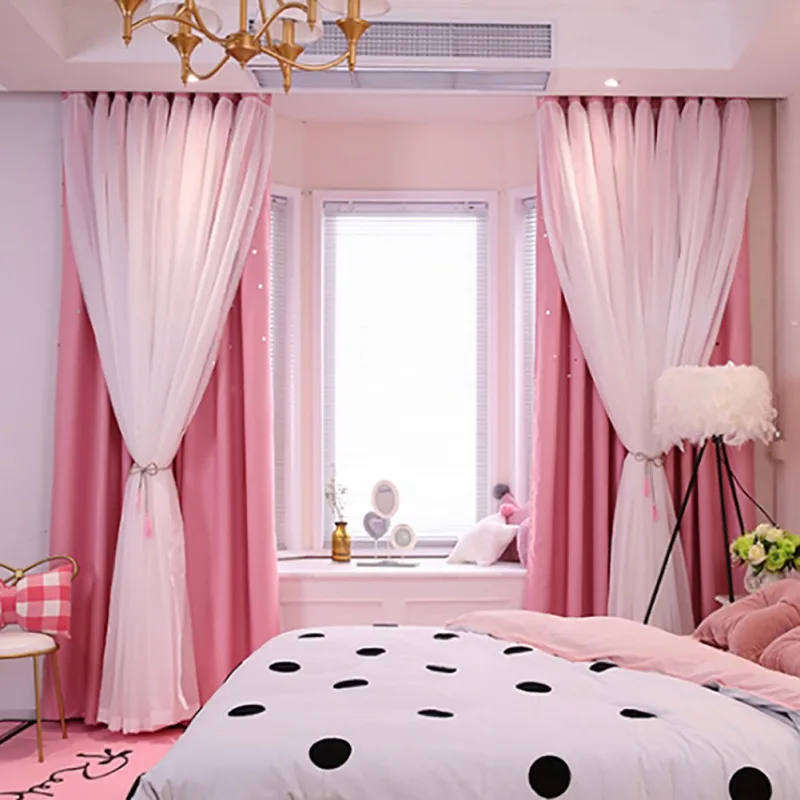 1Pcs Korean Double-Deck Pink Princess Curtains for Living Room Hollow Stars Lace Curtain for Bedroom Shade Curtain Tulle Cloth