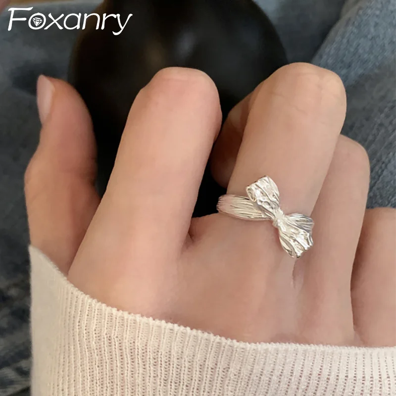 Foxanry Silver Color Texture Bowknot Rings For Women Girls Korean Fashion Creative Simple Elegant Sweet Anniversary Jewelry Gift