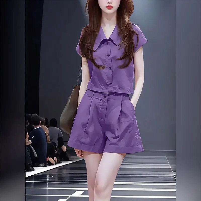 

Purple Fashion Casual Suit Women's Summer Lapel Thin Short-sleeved Shirt Shorts Age-reducing Two-piece Set Exquisite Simplicity