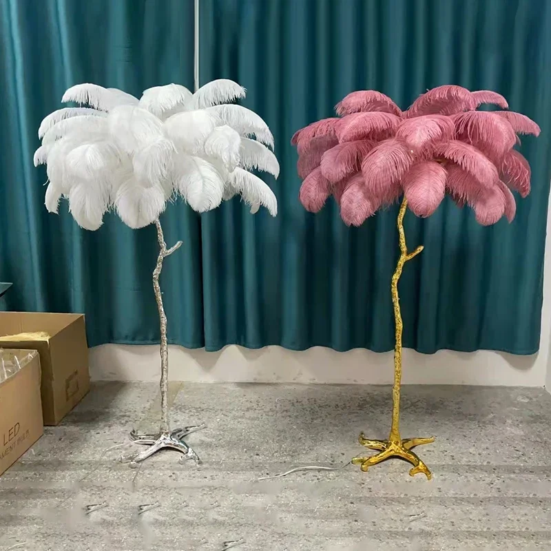 Nordic Resin Copper Ostrich Feather Floor Lamp Living Room Home Decor Led Sofa Side Corner Standing Light Bedroom Bedside Lamp