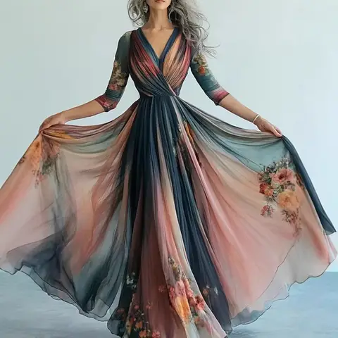 नई बोहेमियन स्टाइल लंबी आस्तीन वाली मेश ड्रेस वेकेशन वाइब्स फुल स्कर्ट शिफॉन ड्रेस वी-नेक एंकल-लेंथ रेगुलर कमर 8 best sales रेशमी पोशाक - №3