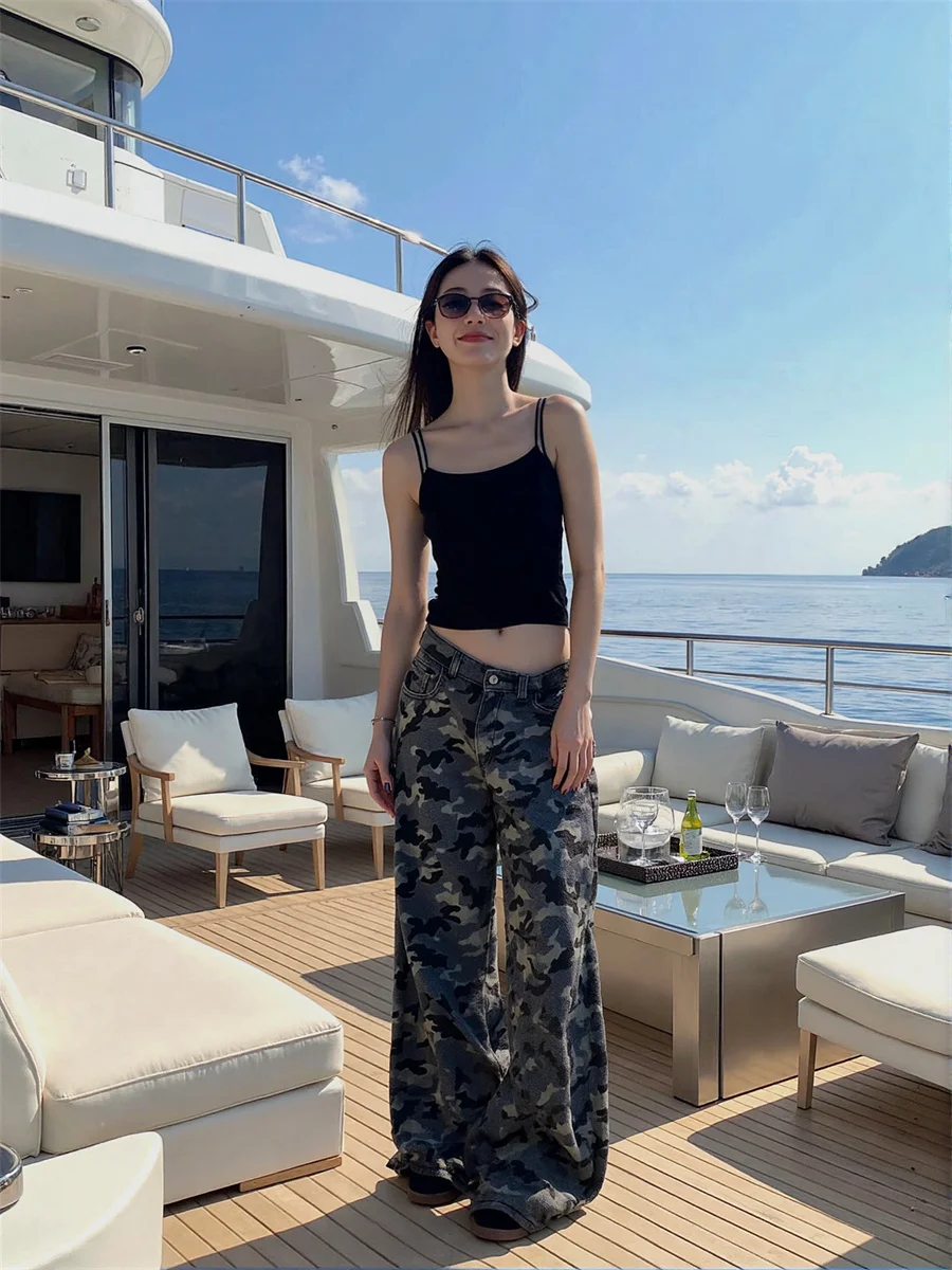 

Камуфляжные широкие джинсы в пол, женские лоскутные расклешенные брюки с вышивкой, прямые мешковатые брюки с высокой талией Y2K, шикарные эластичные ретро карманы