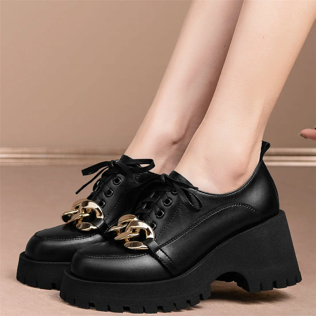 

2022 Punk Chain Creepers Women Lace Up Genuine Leather High Heel Ankle Boots Female Round Toe Platform Pumps Shoes Casual Shoes