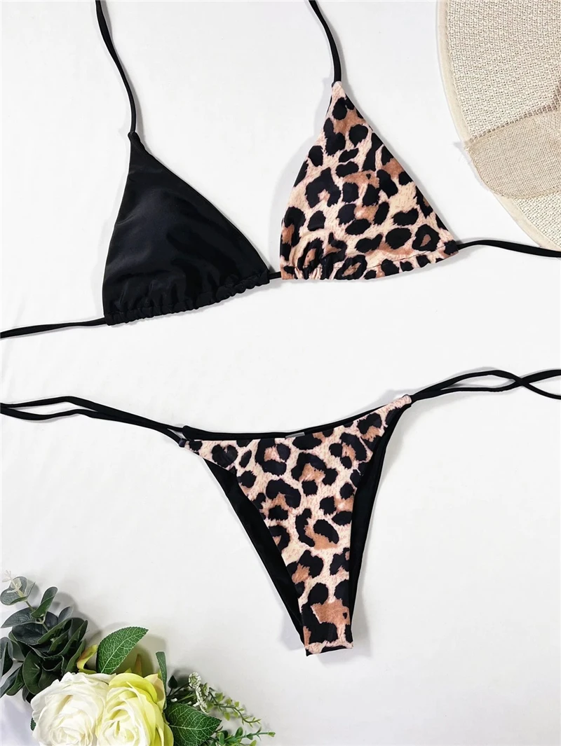 Women Sexy Bikini Leopard Swimsuit Feminine Bikinis Set Adjustable Bandage Swimwear Summer Beachwear Female Bathing Suit Halter