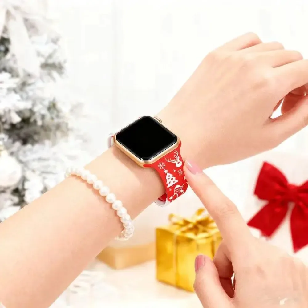 Christmas Engraved Print Silicone Watch Band For Apple Watch Series 11 10 9 8 7 6 5 SE Ultra Fits 49-38mm Two Tone+Gift box