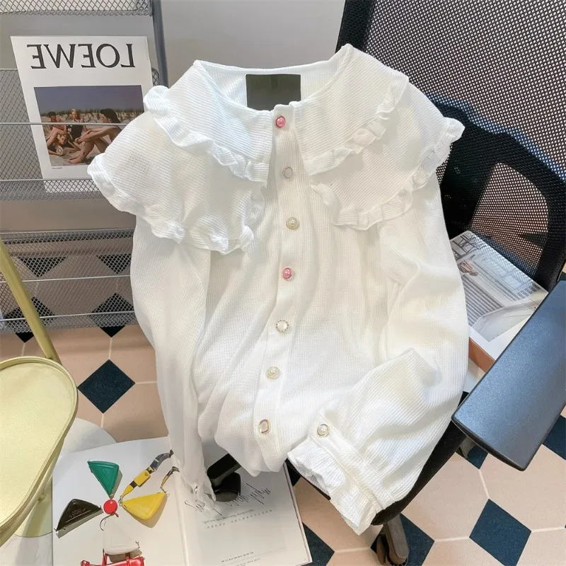 

White Sweet Lace Patchwork Long Sleeve Lolita Blouse Women Japanese Harajuku Camisas Ruffles Jk Shirt 2023 Kawaii Clothes Blusas