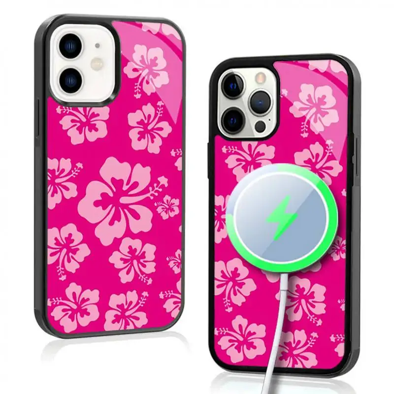 Tropical Pink Hibiscus Flower Hawaiian Case For iphone 11 12 13 14 15 Plus Pro Max Mirror Acrylic For Magsafe Wireless Charging