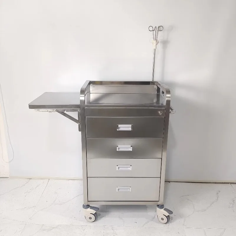 32 Width Stainless Steel Hospital Furniture ICU ER Emergency Trolley with Locking Drawers 40 lb Load Capacity