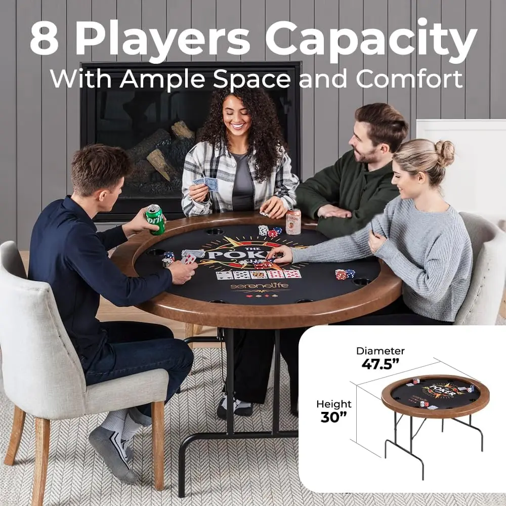 8-Player Round Foldable Poker Table - Premium Casino-Grade Design, Brown Felt Surface, Water-Resistant Rail, 8 Cup Ho