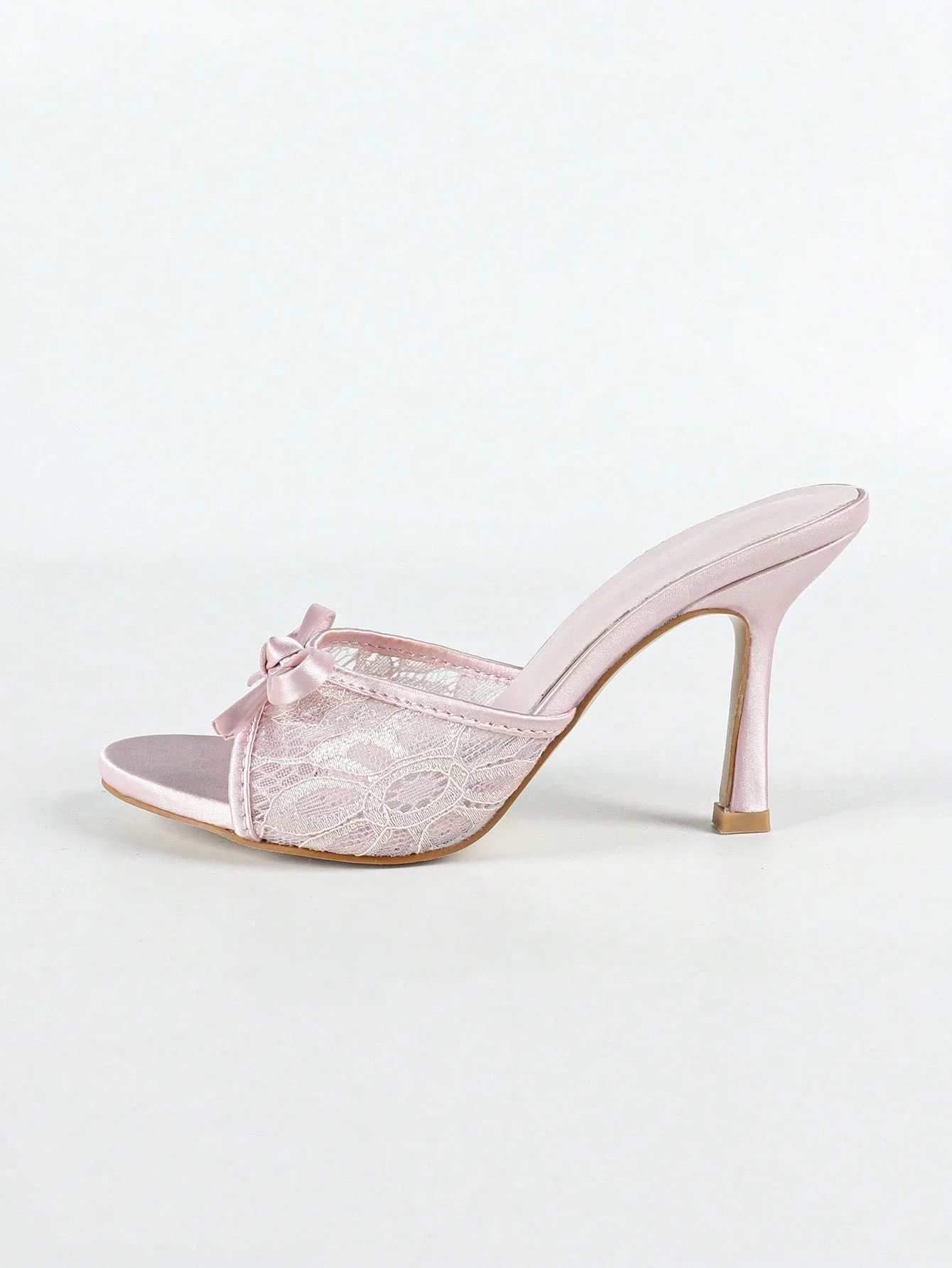 

Women Light Pink Satin Lace Bowknot Stiletto Heel Mules Elegant Romantic High Heel Sandals