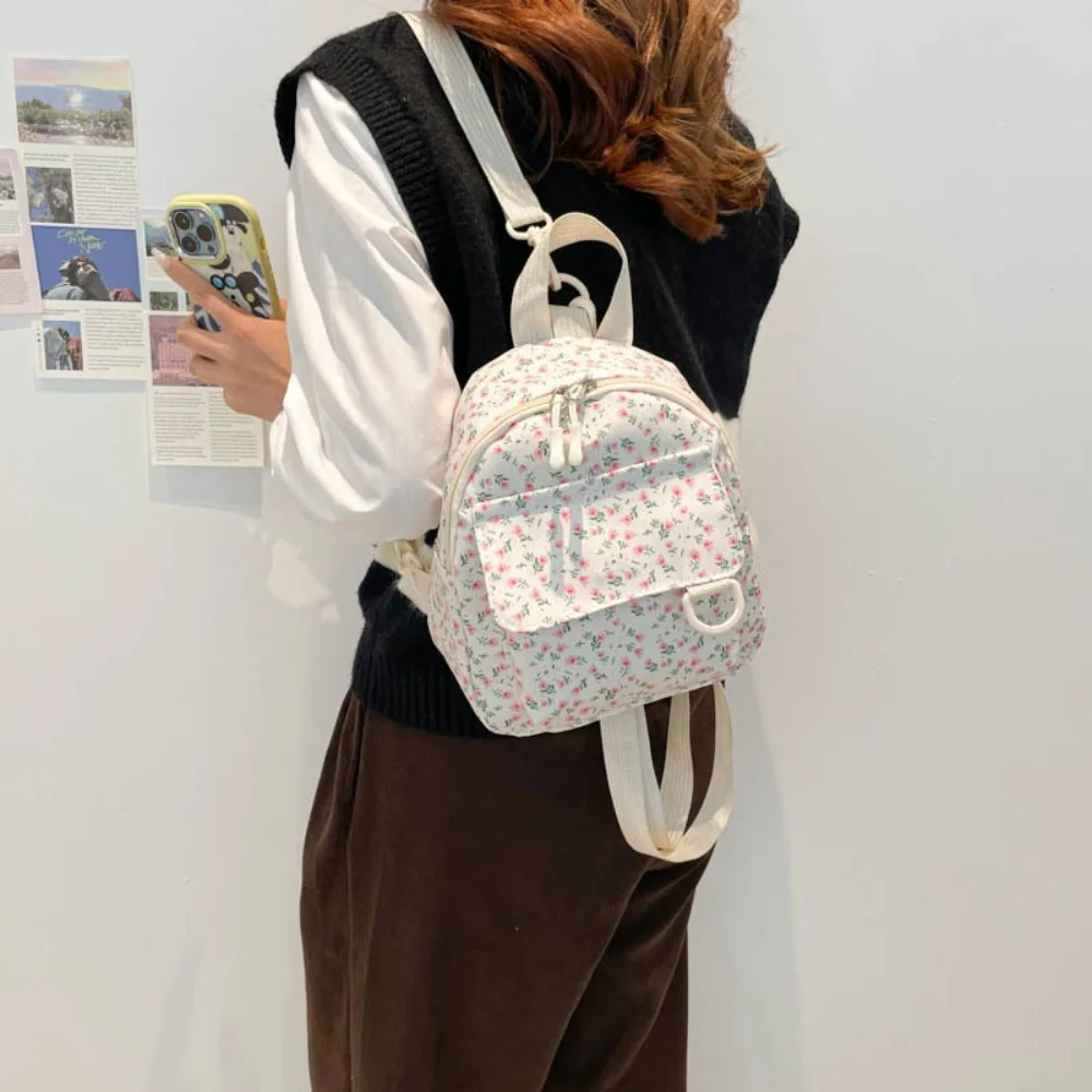 New Mini Backpack Floral Printed Corduroy Storage Bag Sweet Ins Rucksack Women
