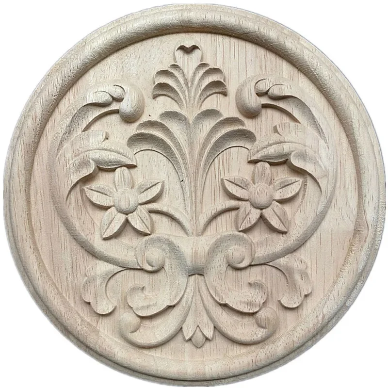 20cm Round Flower Exquisite Carving Natural Wood Appliques Furniture Wooden Mouldings Vintage Unpainted Accessories Decoration