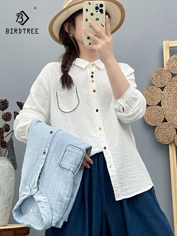 

Новая женская хлопковая рубашка с длинным рукавом на весну 2026 года, с отложным воротником и цветными пуговицами, повседневная свободная блузка в стиле Mori Girl T63327CC