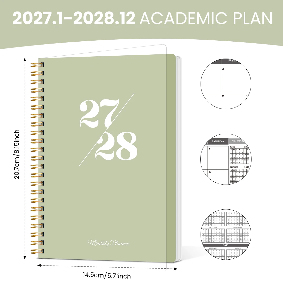 1PC 2027-2028 Monthly Planner, Green A5, for Work, School, Office & Daily Planning
