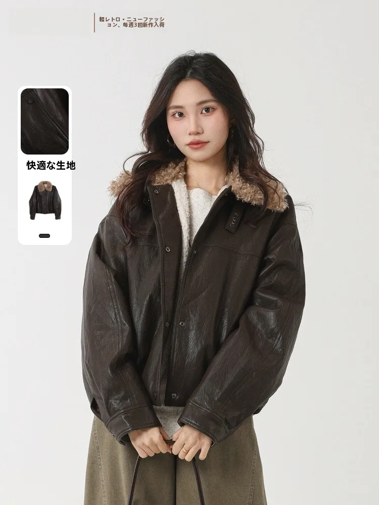 

Повседневное американское винтажное кожаное пальто Jaet Memory's Start 2025, зимнее новое женское пальто Faion Ele с дизайном на пуговицах