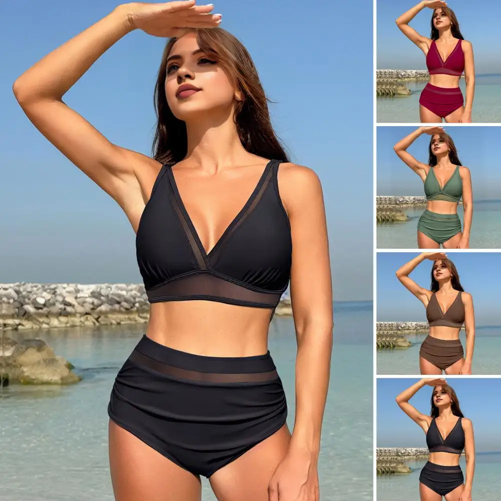 

Women Tummy Control Bikini Set High Waist V-neck Bikini Set with Padded Bra Mesh Splicing Women's Solid Color for Summer