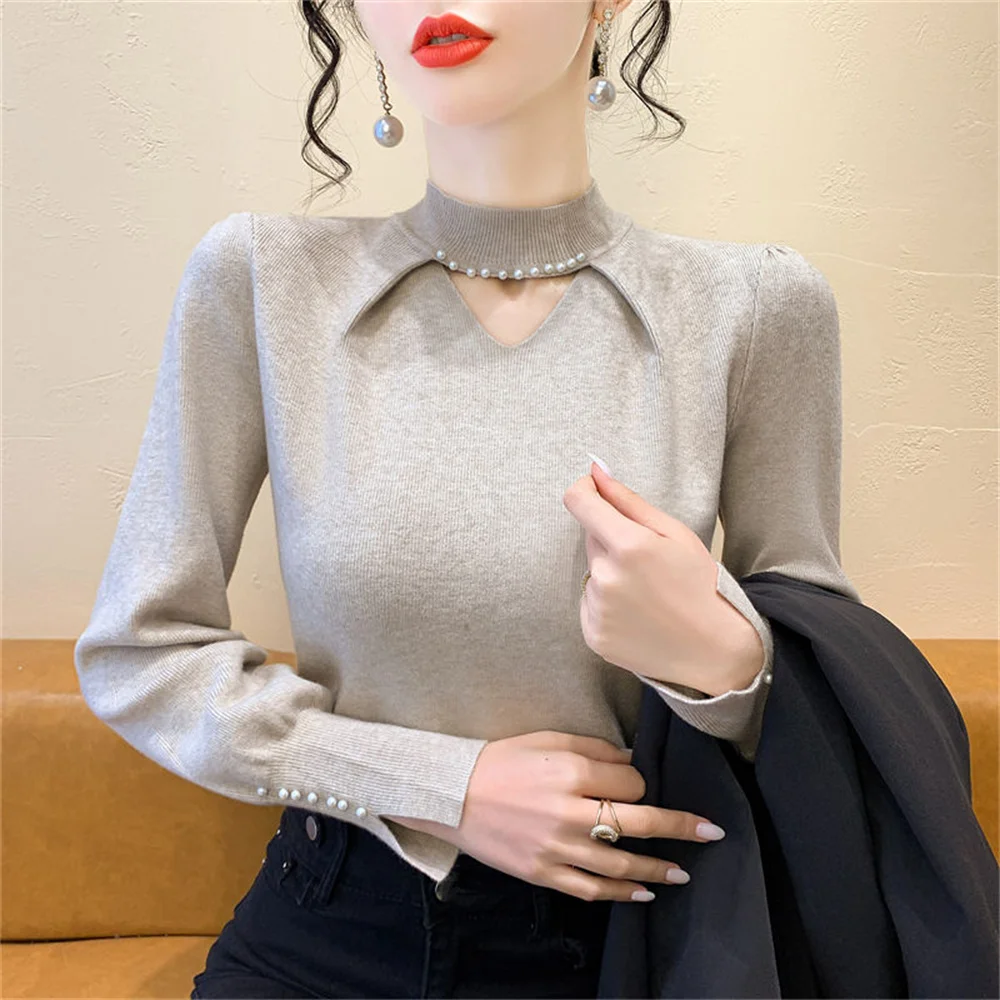 

Вязаный свитер с полувысоким воротником и бисером для женщин с высококачественным тонким основанием, тонкие топы, 23 осень-зима, новые пуловеры